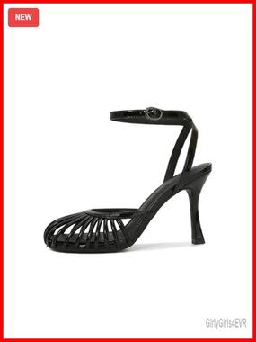 Strappy Kitten Heels Square Toe Stiletto Sandals Ankle Strap Faux Leather